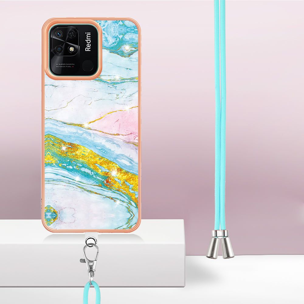 YB IMD Series-9 For Xiaomi Redmi 10C 4G IMD Marble Pattern Phone Case Electroplating Frame TPU Cover with Lanyard - Green 004 YB IMD Series-9 For Xiaomi Redmi 10C 4G IMD Marble Pattern Phone Case Electroplating Frame TPU Cover with Lanyard - Green 004
